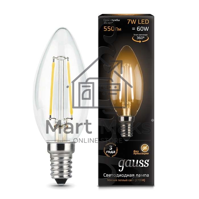 Светодиодная лампа GAUSS 103801107 LED Filament Свеча E14 7W 550lm 2700К 1/10/50