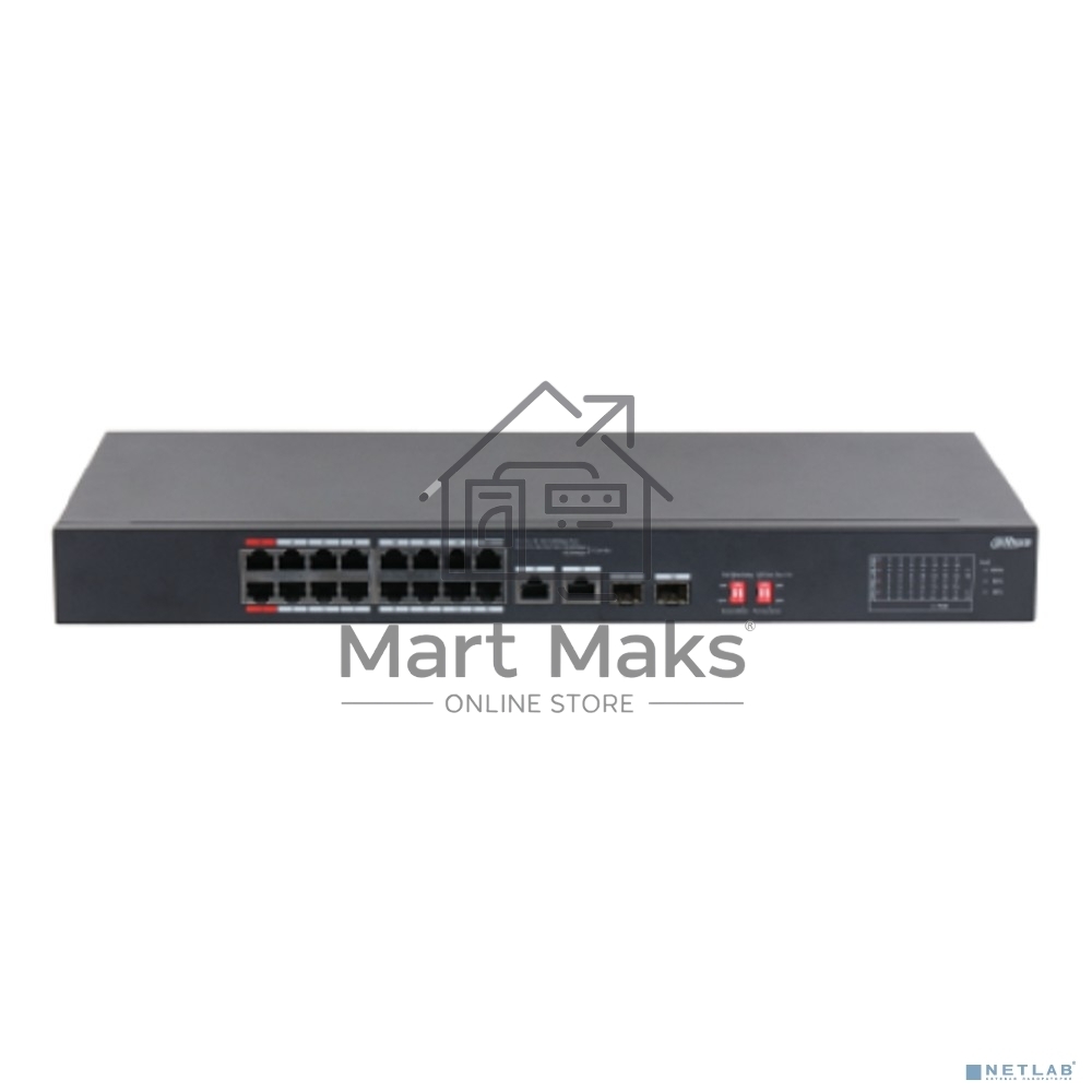 Неуправляемый 16-портовый коммутатор DAHUA DH-S3218-16ET-135 с РоЕ, 16xRJ45 100Mb, 2хКомбо SFP/RJ45 1Gb uplink, суммарно до 135Вт, коммутация 7.2 Гбит/с, MAC-таблица 8К
