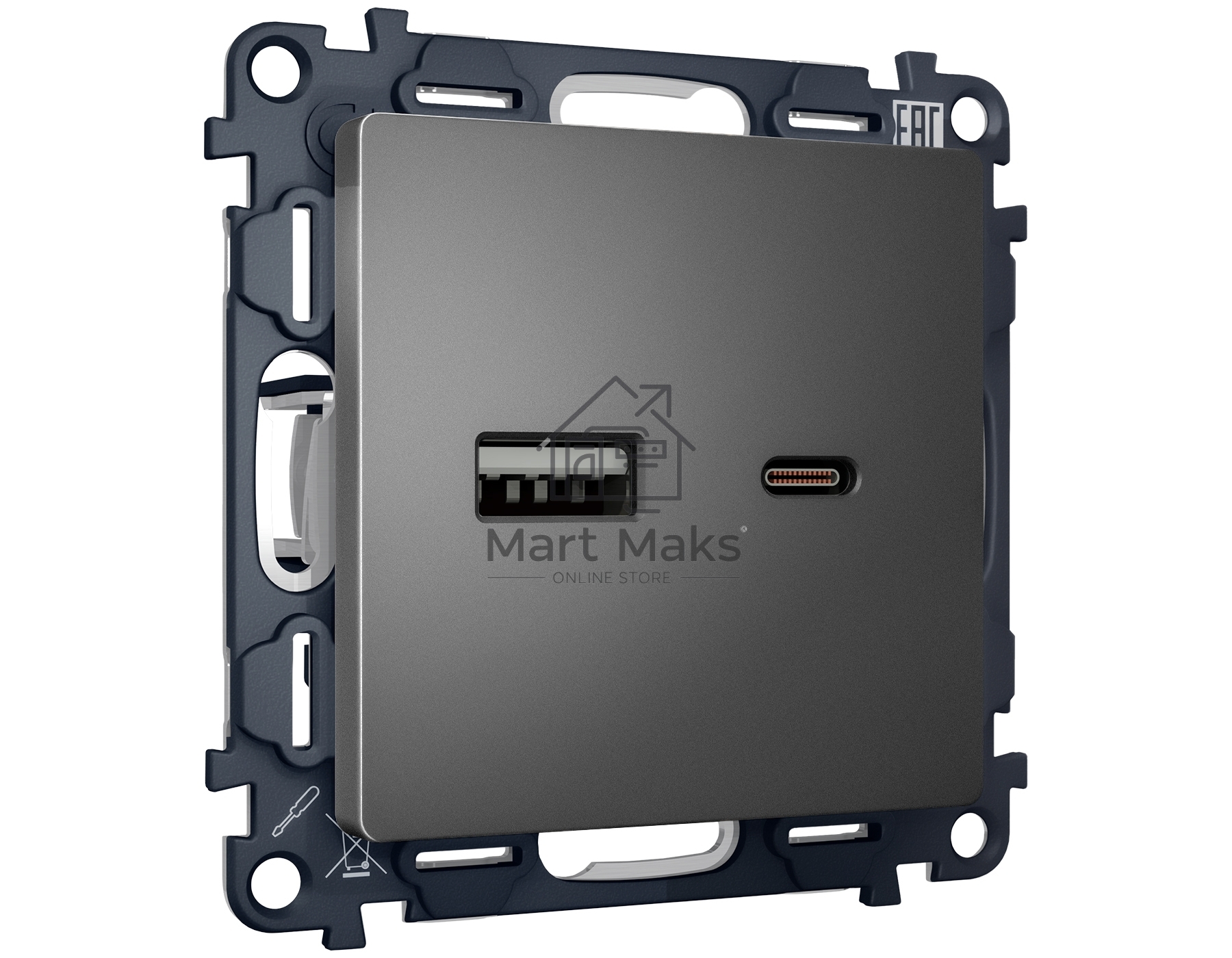 Комплект механизма розетки ALFA Антрацит серый 2USB A+C 20W (быстрая зарядка) QUANT (AP6610, VM177) MA661010