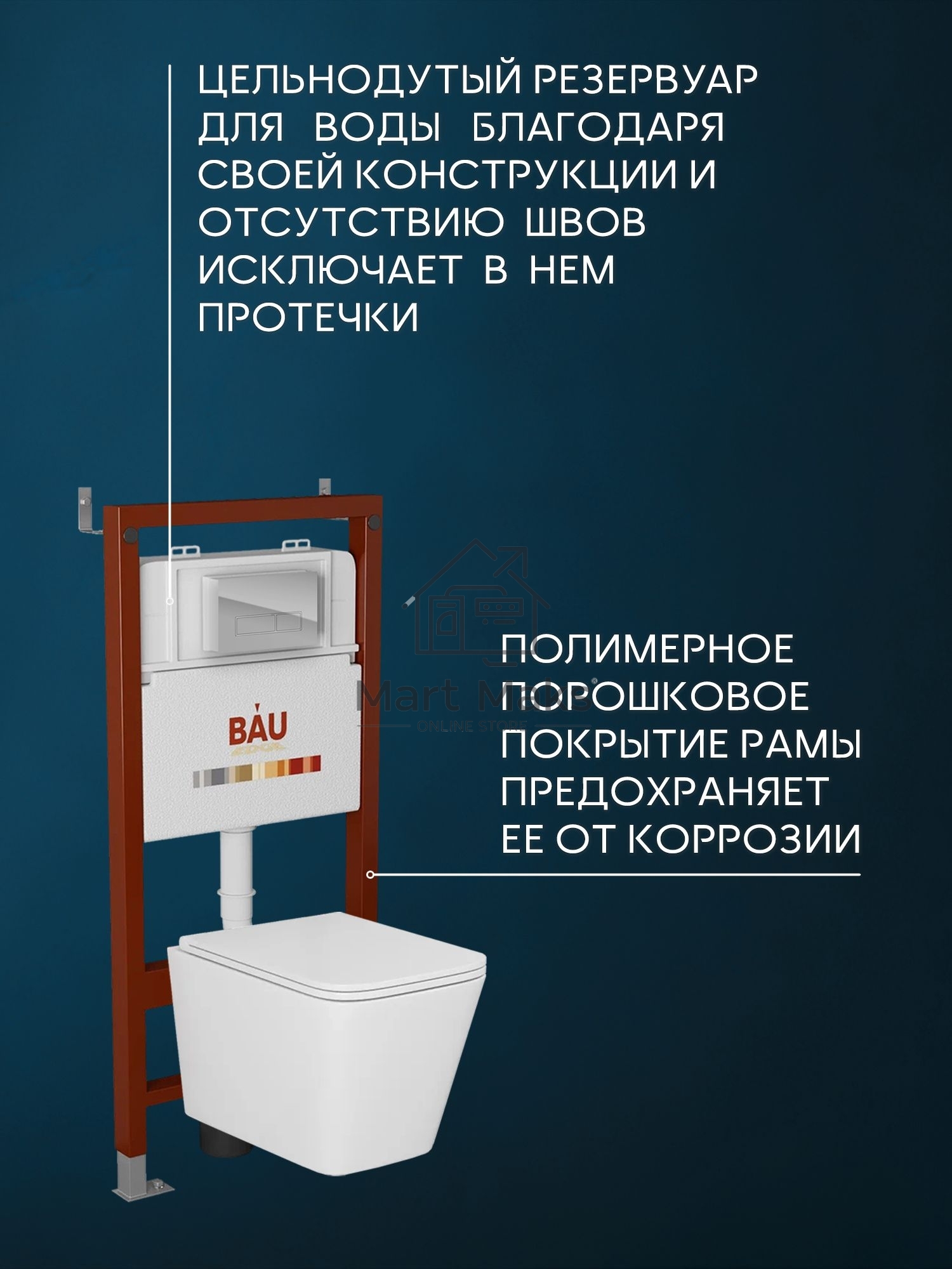 Комплект BAU 6 в 1: инсталляция BAU PRO, унитаз подвесной безободковый торнадо обратного потока Bau Stil Hurricane-2, сиденье дюропласт микролифт, клавиша хром/вставка хром
