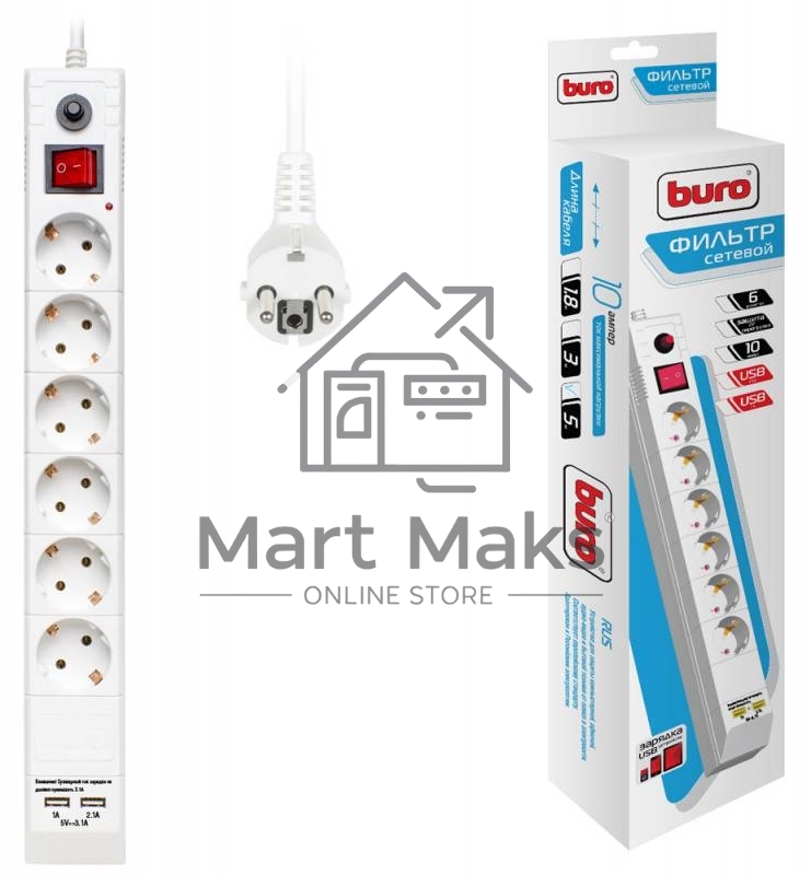 Сетевой фильтр Buro BU-SP5_USB_2A-W 5м (6 розеток) белый (коробка)