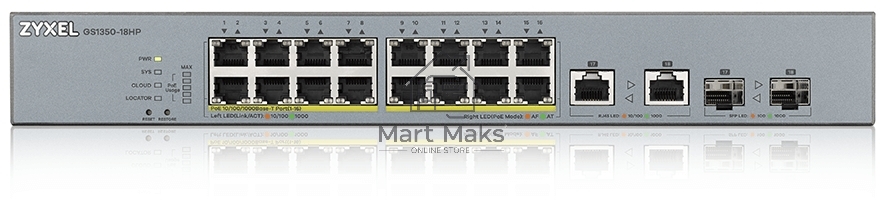Коммутатор Zyxel GS1350-18HP, 16xGE PoE+, 2xCombo (SFP/RJ-45), бюджет PoE 250 Вт, дальность передачи питания до 250 м, автоперезагрузка PoE-портов, повышенная защита от перенапряжений и электростатических разряд
