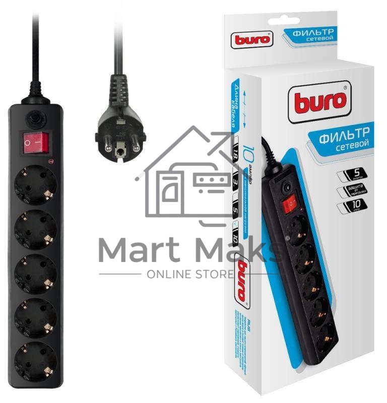 Сетевой фильтр BURO 5 розеток, 10 метров, (500SH-10-B), черный 992303