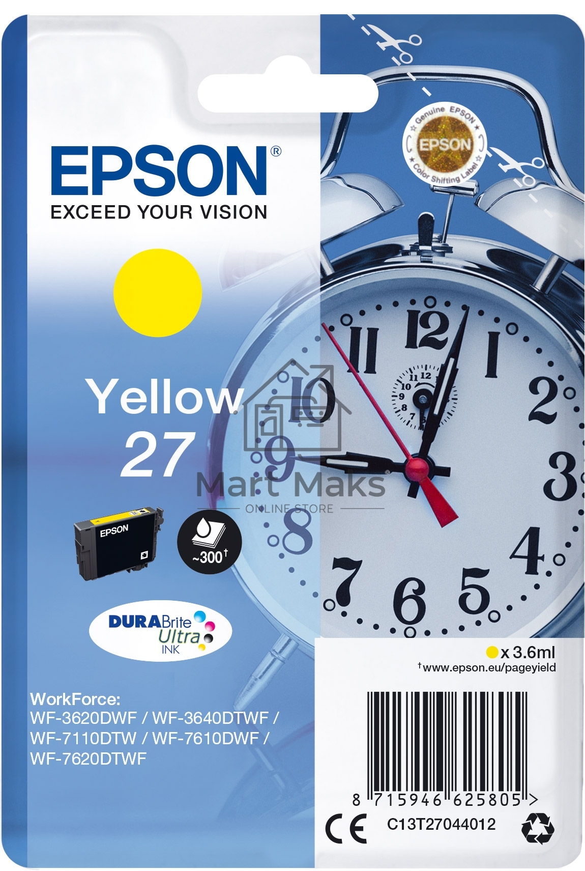 Картридж струйный Epson T2704 (C13T27044022/C13T27044020) желтый, 300 стр., для WF7110/7610/7620 (300стр.)