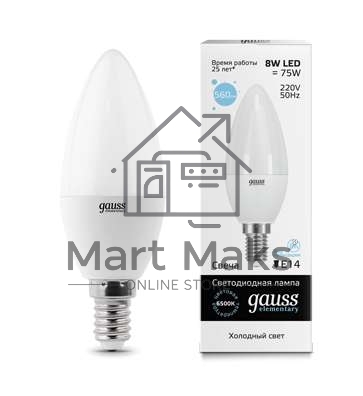 Лампа светодиодная LED 8Вт E14 220В 6500К Elementary свеча 33138 Gauss