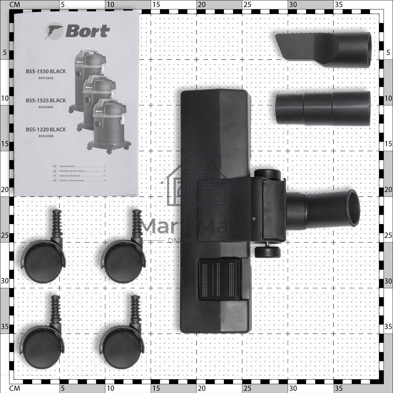 Пылесос профессиональный Bort BSS-1530 черный, 300/1500 Вт, уборка влажная/сухая, пылесборник мешок/контейнер 30л