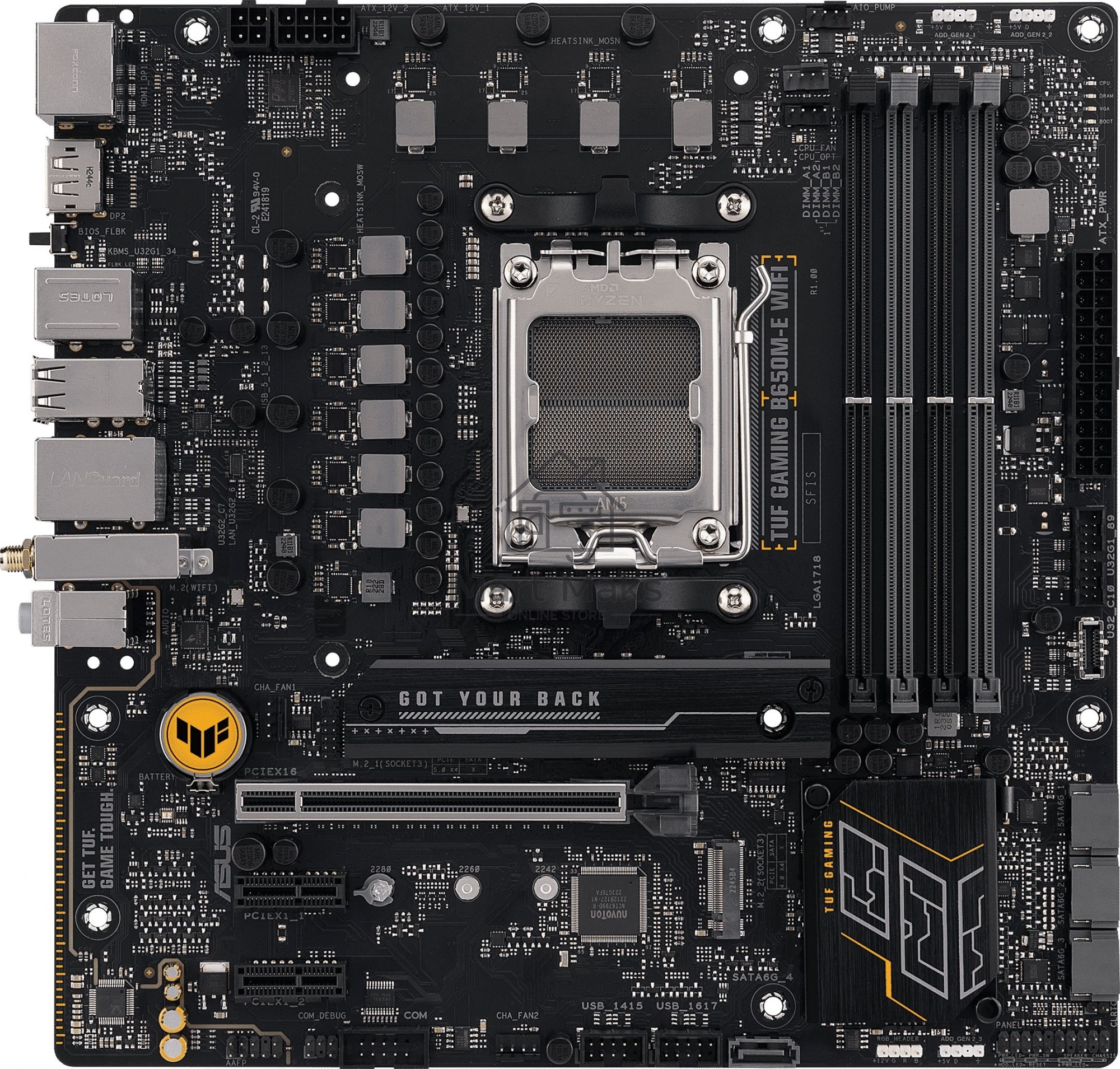Материнская плата ASUS TUF GAMING B650M-E WIFI, AM5, AMD B650, 4xDDR5, 4xSATA, 2xM.2, 1xPCI-E 4.0 x16, 2xPCI-E x1, 2xDP, 1xHDMI, 1x 2.5Gb LAN, 1xUSB-A 3.2 Gen 2, 2xUSB-A 3.2 Gen 1, 4xUSB 2.0, 1xUSB-C 3.2 Gen 2, 3x3.5 мм, 7.1, Micro-ATX