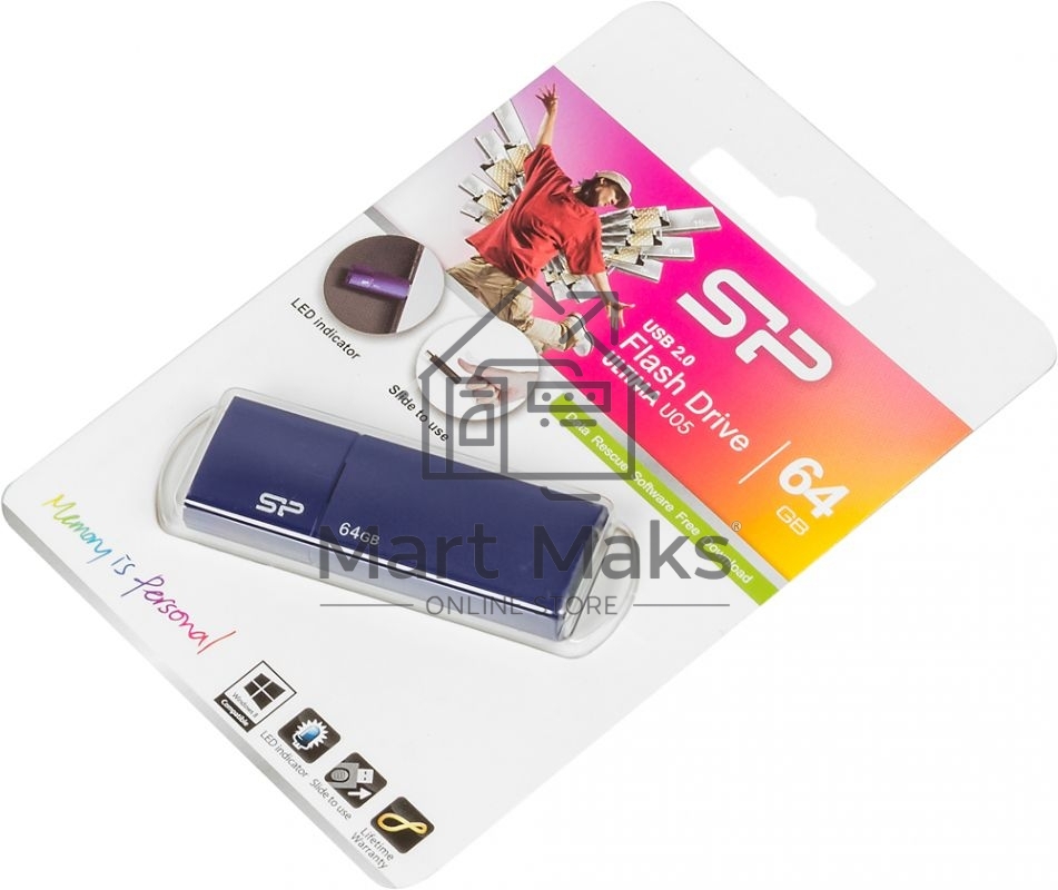 Флешка USB R/W 64GB Silicon Power Ultima U05, USB 2.0, синий