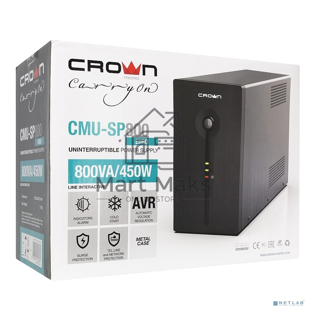 Источник бесперебойного питания CROWN ИБП CMU-SP800EURO 800VA, металл,1x12V/9AH, розетки 3*EURO+1*IEC bybas CM000001492