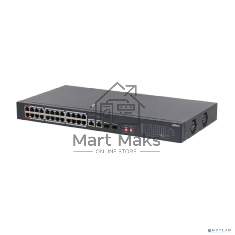 Коммутатор неуправляемый 24-портовый DAHUA DH-S3226-24ET-240 с РоЕ, 24xRJ45 100Mb PoE, 2хКомбо SFP/RJ45 1Gb uplink, суммарно 240Вт, коммутация 8.8 Гбит/с, MAC-таблица 8К
