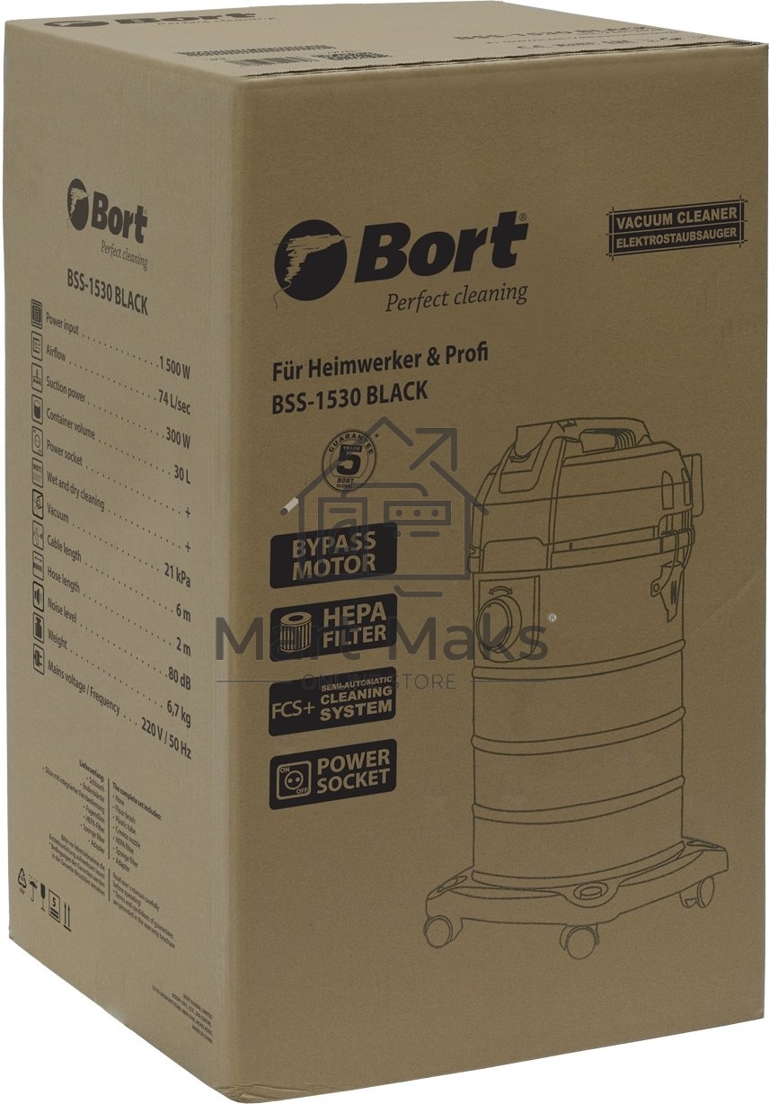 Пылесос профессиональный Bort BSS-1530 черный, 300/1500 Вт, уборка влажная/сухая, пылесборник мешок/контейнер 30л