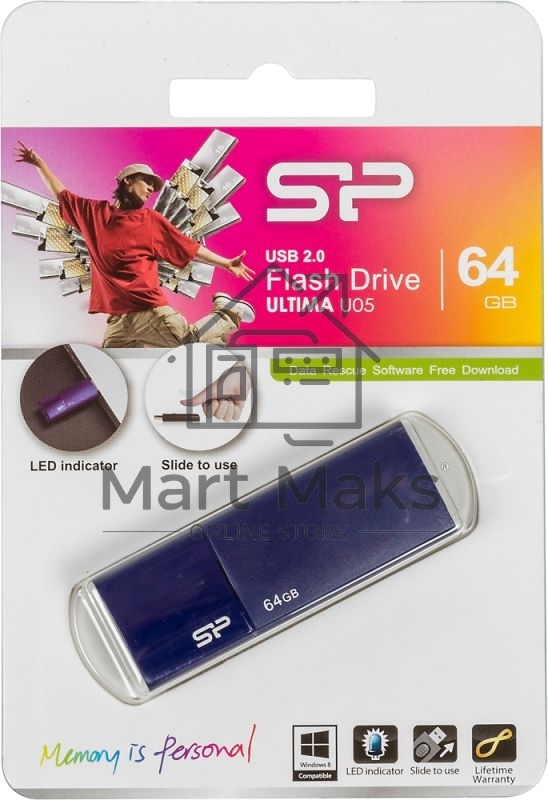 Флешка USB R/W 64GB Silicon Power Ultima U05, USB 2.0, синий