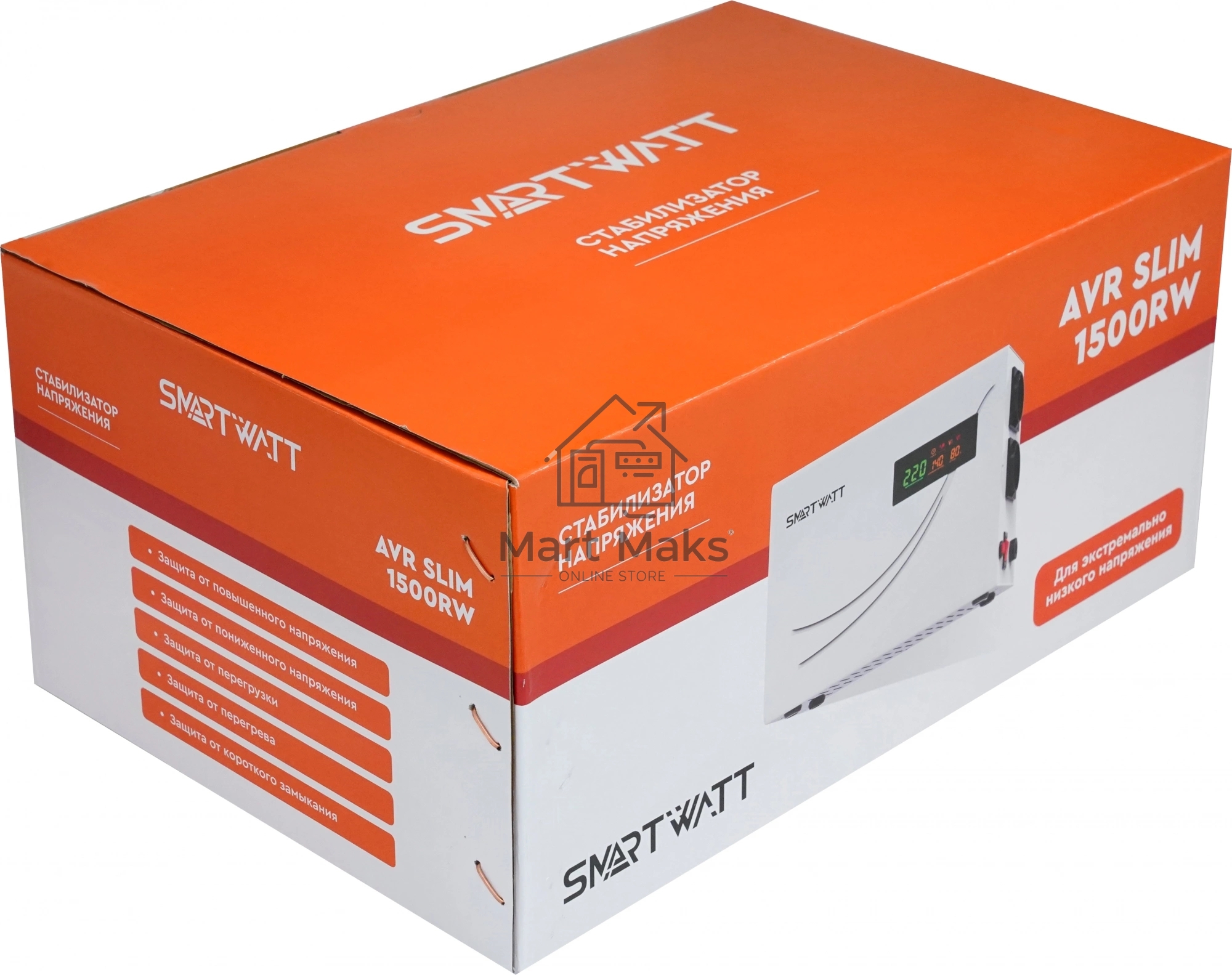 Настенный стабилизатор напряжения SMARTWATT AVR SLIM 1500RW (100W - 260W, 1500VA, 1.5 кВт, 50 Гц, розеток - 2, LED-диспл