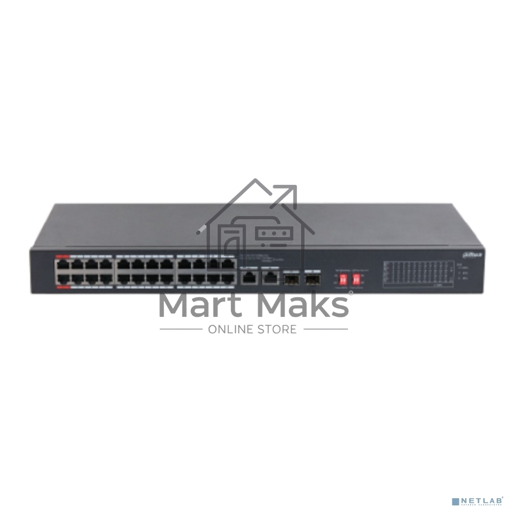 Коммутатор неуправляемый 24-портовый DAHUA DH-S3226-24ET-240 с РоЕ, 24xRJ45 100Mb PoE, 2хКомбо SFP/RJ45 1Gb uplink, суммарно 240Вт, коммутация 8.8 Гбит/с, MAC-таблица 8К