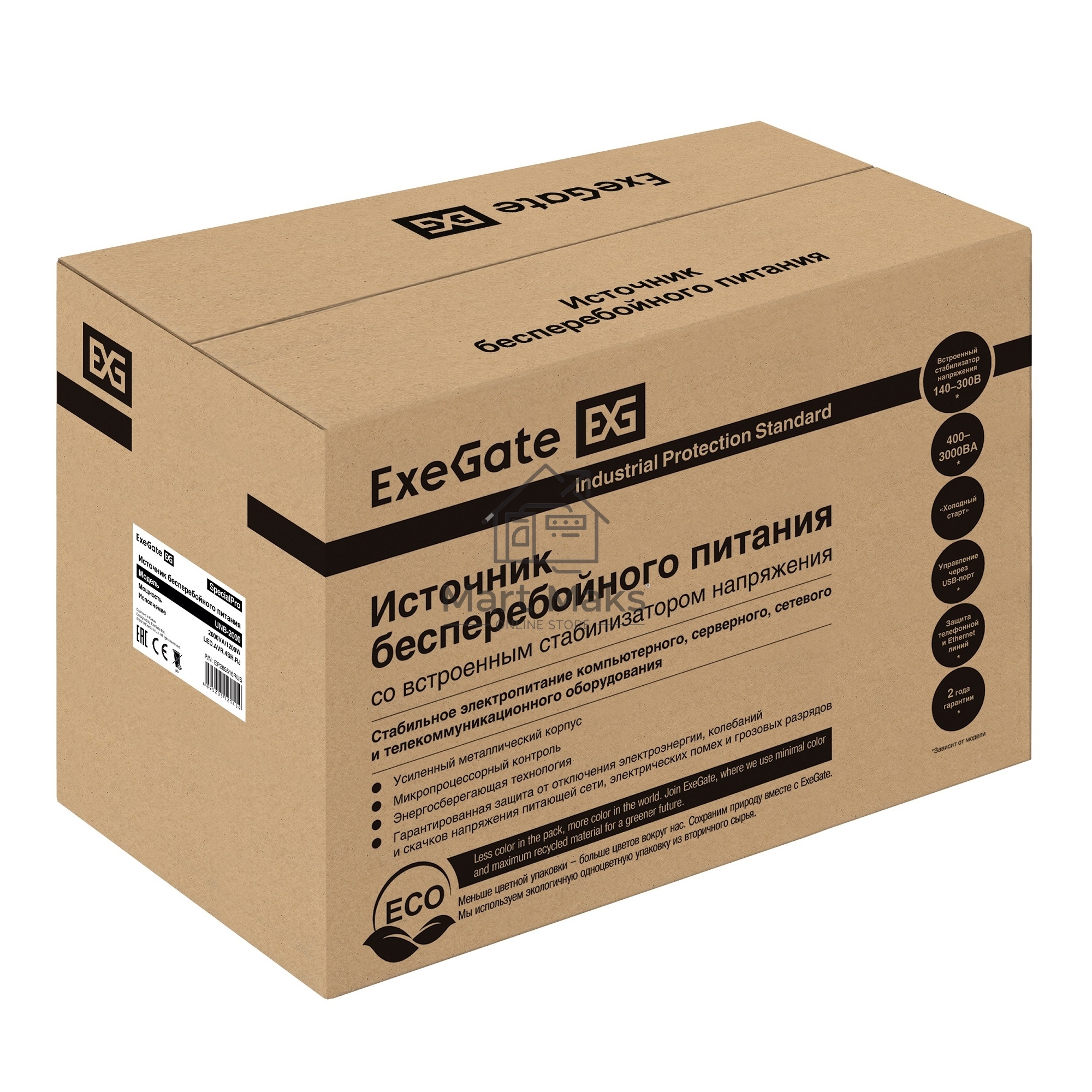Источник бесперебойного питания ExeGate SpecialPro UNB-2000.LED.AVR.EURO.RJ <2000VA/1200W, LED, AVR, 4 евророзетки, RJ45/11, Black>