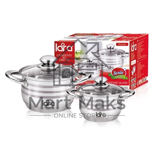 Набор посуды LARA LR02-101 Sonata 4пр. LR02-101 Набор посуды LARA Sonata, 4 пр., (кастр. 2.9л + 4.9л ) стеклян. крышки