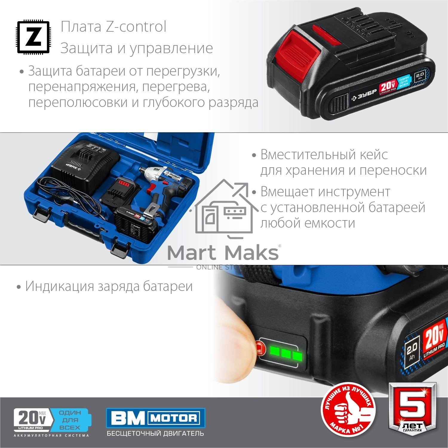 Бесщеточный гайковерт ЗУБР Профессионал GB-250-22, 20В, 2 АКБ (2Ач), в кейсе