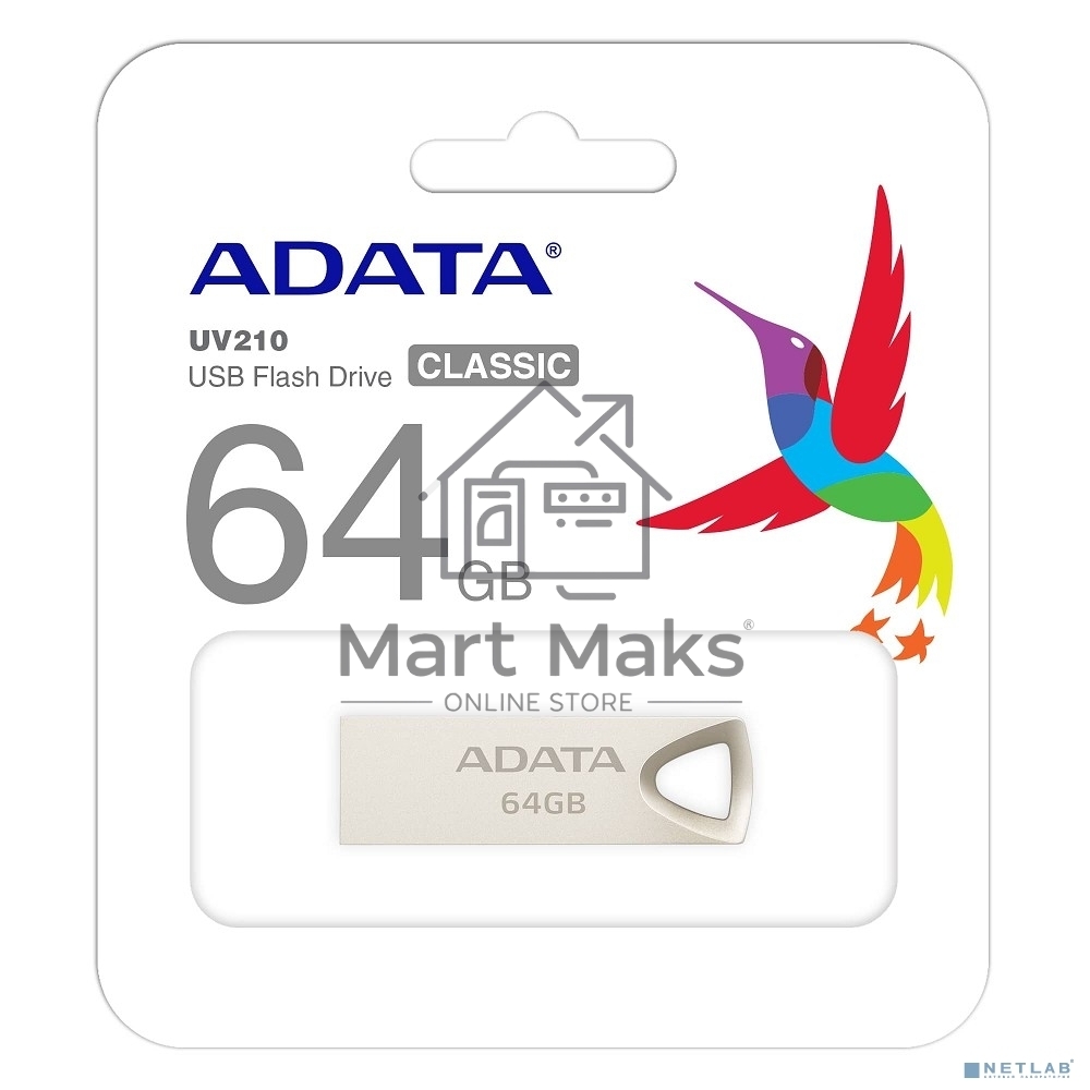 Флешка USB R/W ADATA R/W 64GB ADATA UV210, USB 2.0, Металлич. Серебро