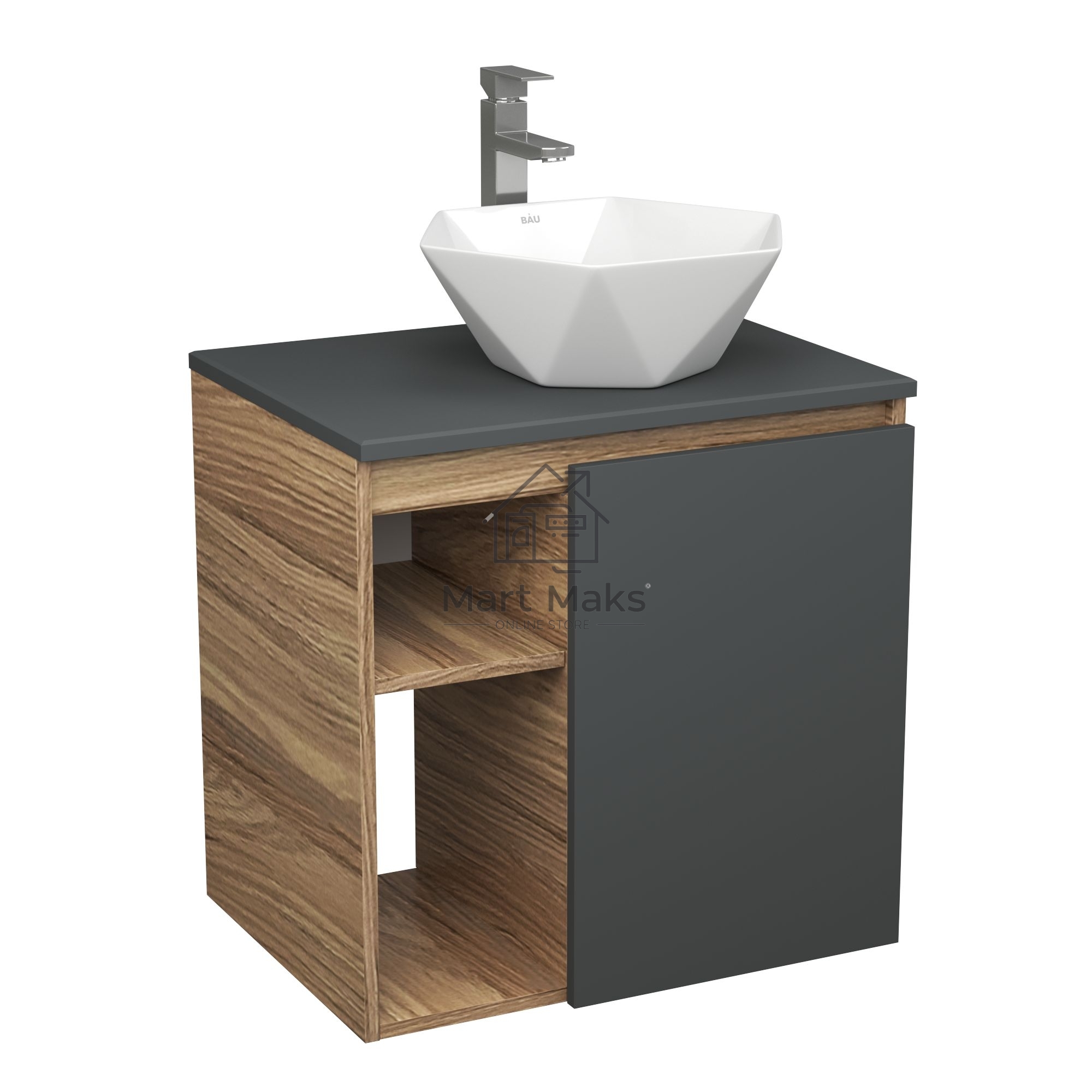 Тумба Bau Dream Blackwood 60 правая, графит, раковина BAU Crystal 40х40, смеситель для раковины высокий Hotel Still, нержавеющая сталь
