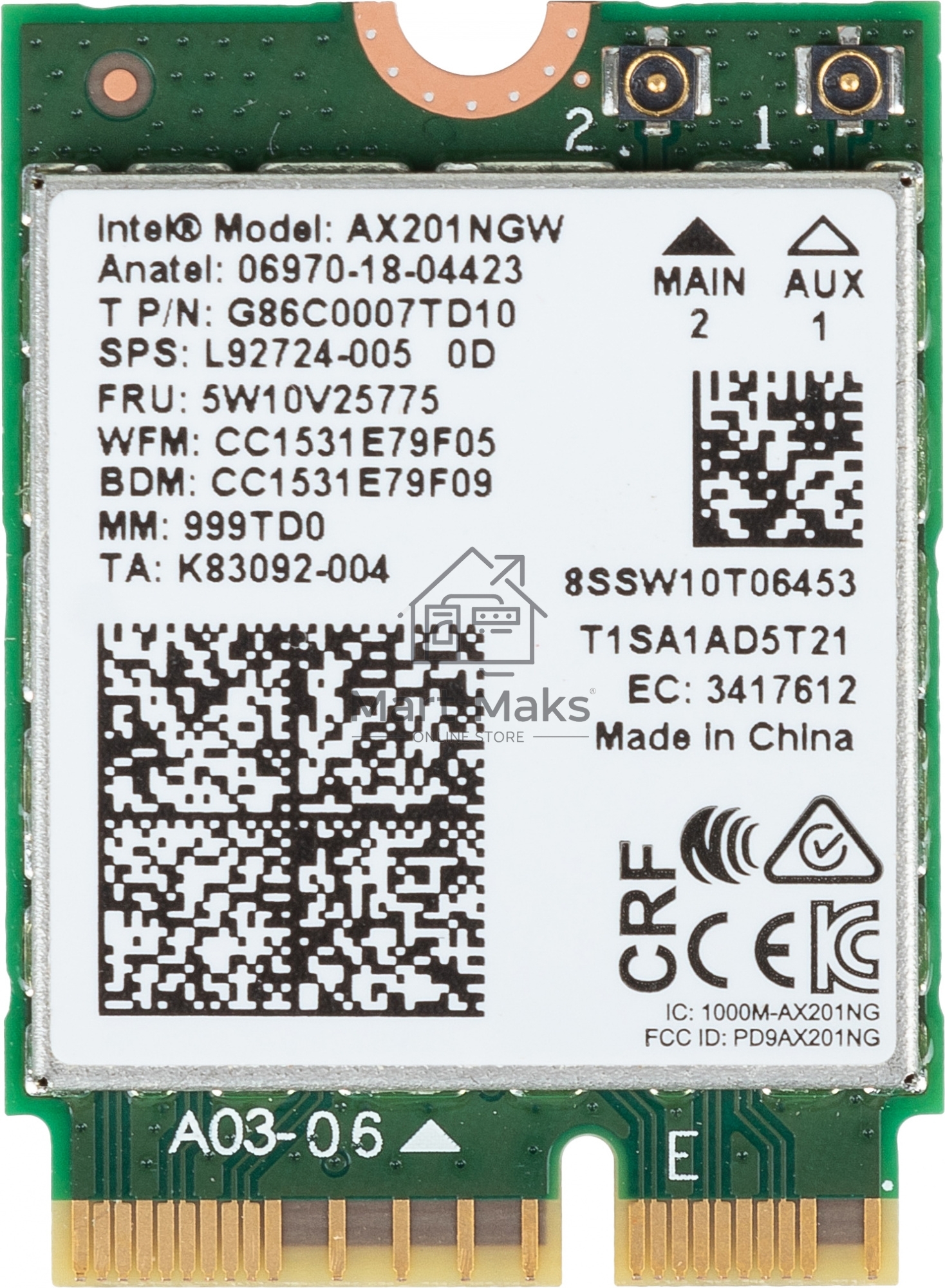Плата сетевого контроллера Intel® Wi-Fi 6 AX201, 2230, 2x2 AX+BT, No vPro®,999TD0