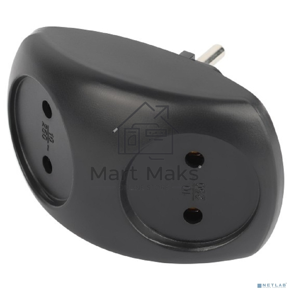 Разветвитель электрический SPx-2-B на 2 розетки без заземл. 10А черный Эра Б0059720