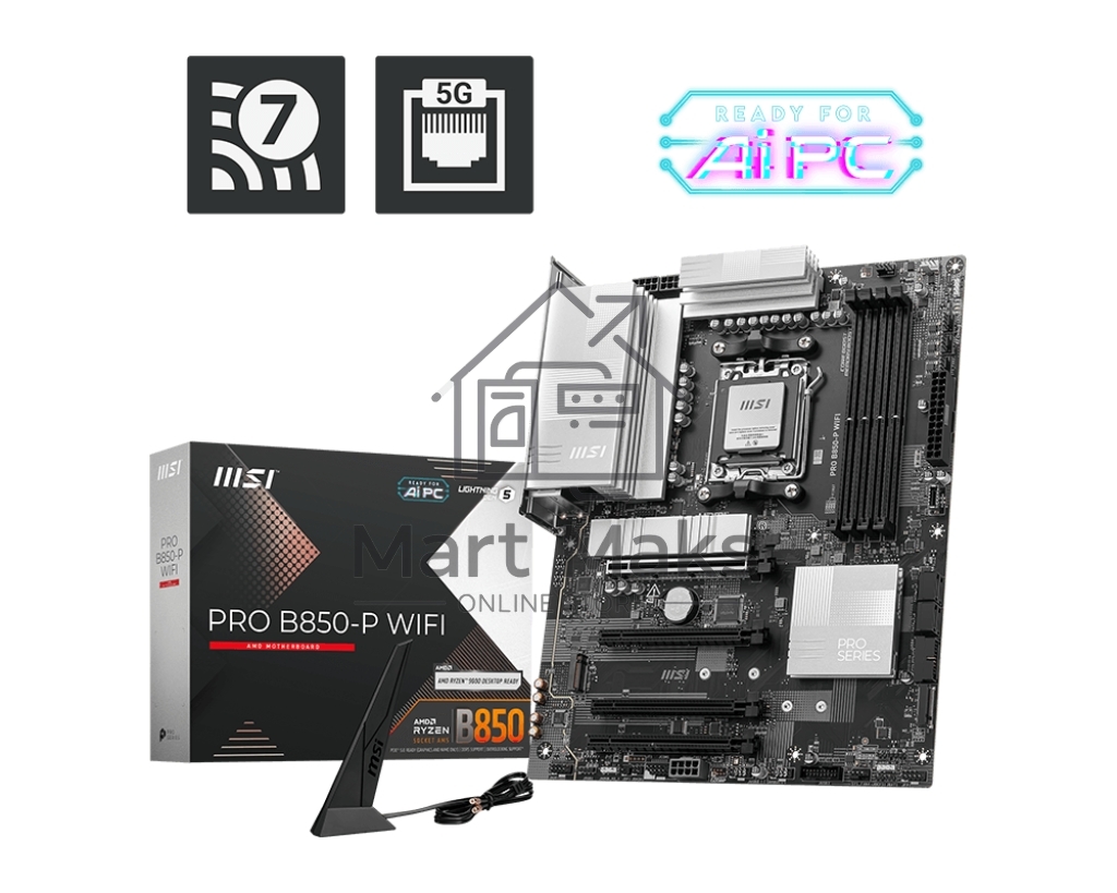 Материнская плата MSI PRO B850-P WIFI, AM5, AMD B850, 4xDDR5, 4xSATA, 3xM.2, 1xPCIe 5.0 x16, 1xPCIe 4.0 x4, 2xPCIe 3.0 x1, 1xHDMI, 1x5Gb LAN, Wi-Fi 7, 4xUSB 2.0, 1xUSB 3.2 Gen 1, 1xUSB 3.2 Gen 2, 2xUSB-C 3.2 Gen 2, 2x3.5 мм, 7.1, ATX