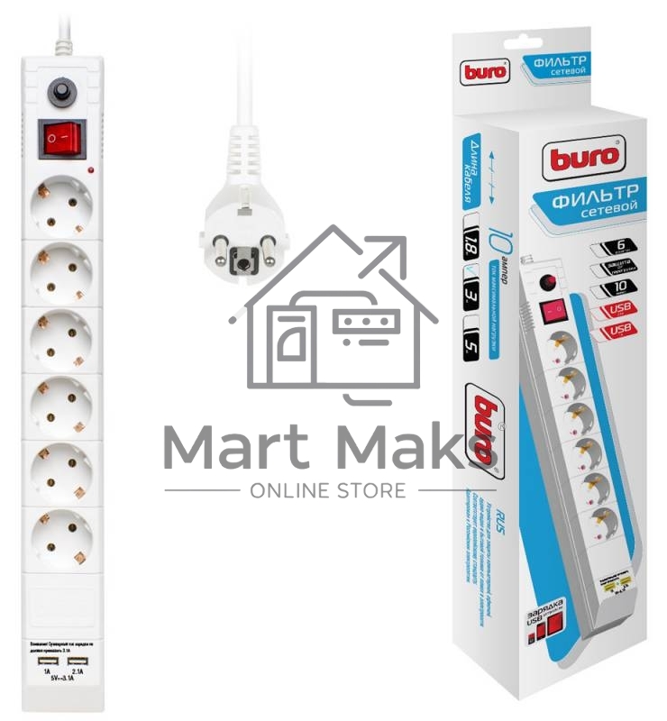 Сетевой фильтр Buro BU-SP3_USB_2A-W 3м (6 розеток) белый (коробка)
