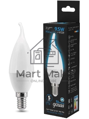 Лампа светодиодная Gauss 104101310 9.5Вт цок.:E14 свеча 220B 6500K св.свеч.бел.хол. (упак.:10шт)