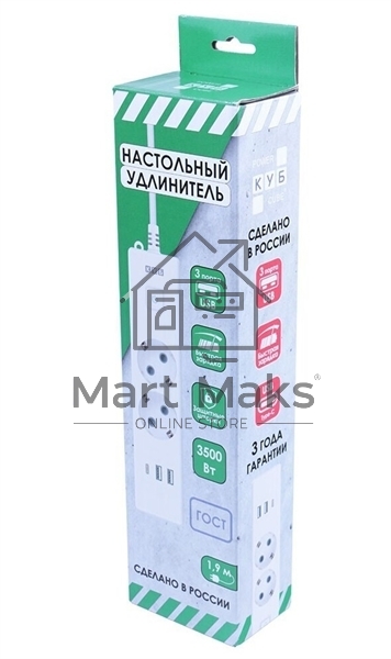 Бытовой удлинитель PowerCube, 2р с/з вык.,3USB, 3500 Вт, 16А, 1.9 м, 3*1,0 (белый) PC-4-2M