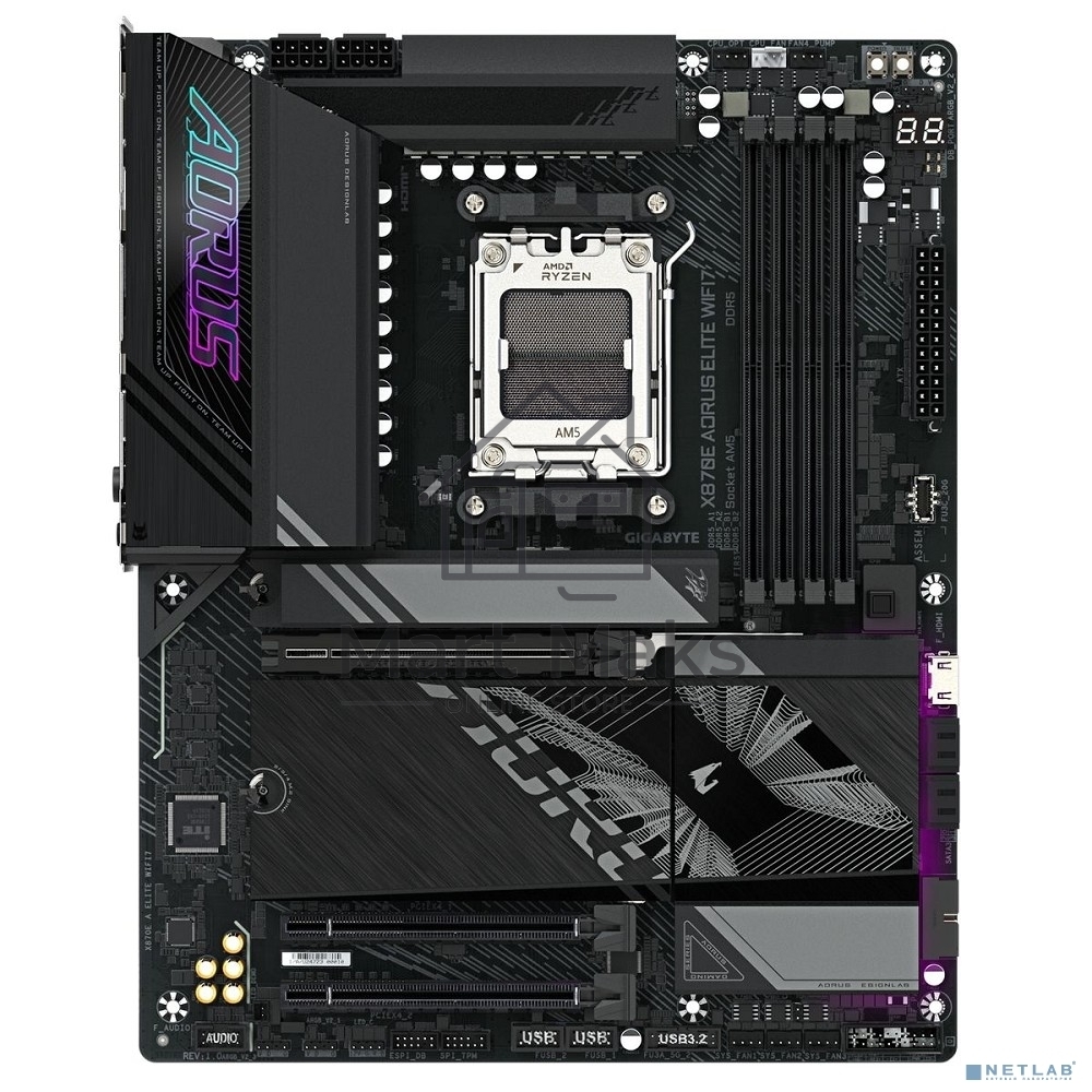 Материнская плата Gigabyte X870E AORUS ELITE WIFI7, AM5, AMD X870E, 4xDDR5, 4xSATA, 4xM.2, 1xPCI-E 5.0 x16, 1xPCI-E 4.0 x4, 1xPCI-E 3.0 x4, 1xHDMI, 1x 2.5Gb LAN, 4xUSB-A 3.2 Gen 1, 2xUSB-A 3.2 Gen 2, 4xUSB-A 2.0, 2xUSB-C 4.0, 2x3.5 мм, 7.1, ATX