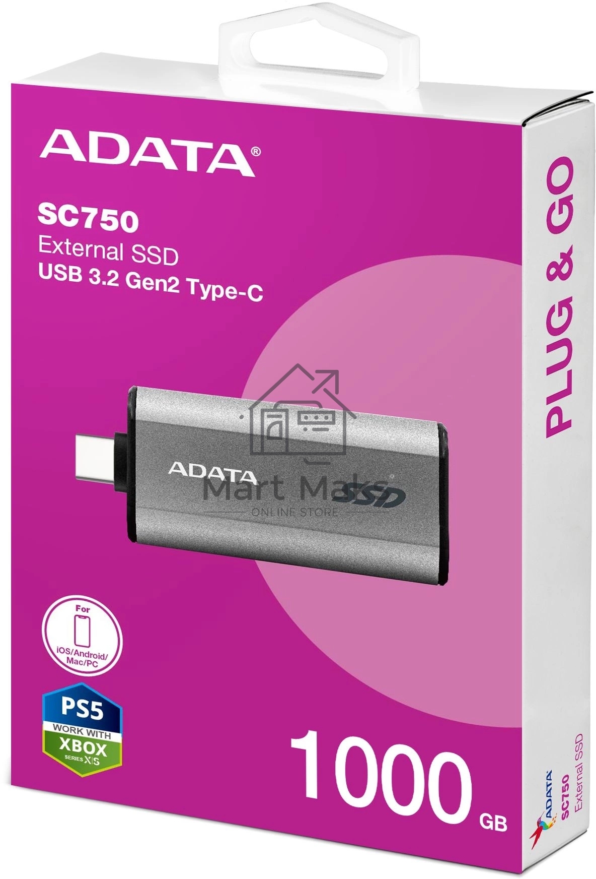 Твердотельный диск A-DATA External SC750 серый SC750-1000G-CCBK 1TB USB 3.2 Gen 2 Type-C, R/W -1050/1000 MB/s