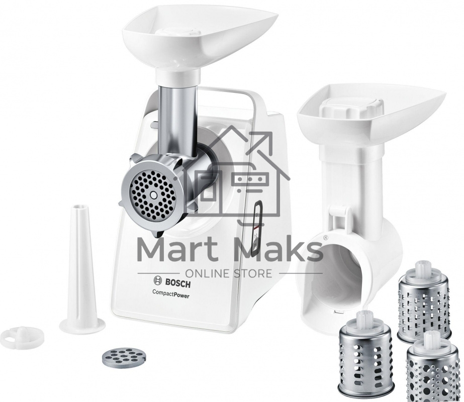 Мясорубка Bosch MFW3X13W CompactPower,2000Вт, 2,5 кг/мин, белый, механическая защ ита от перегрузки, 2 скор., реверс.Комплект: 2 диска для фарша, насадка для колбасок, насадка-терка (3 барабана)