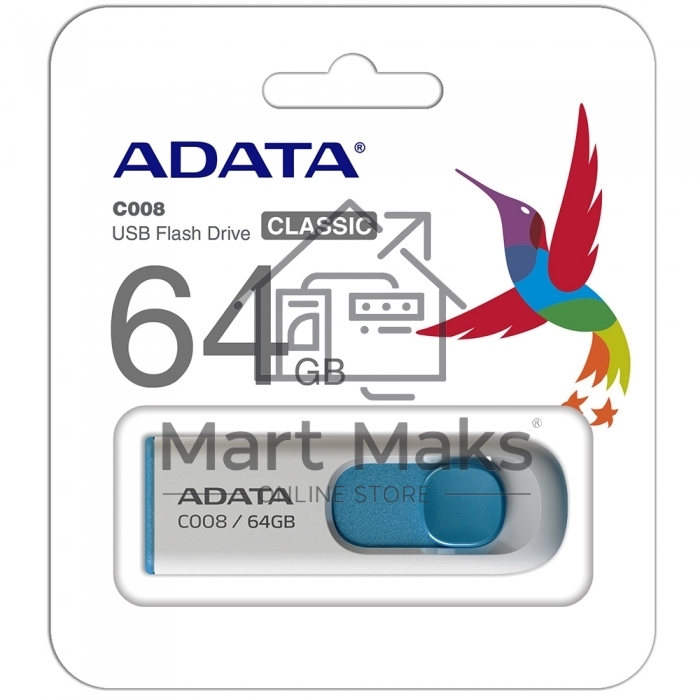 Флешка USB R/W ADATA Flash Drive 64Gb С008 AC008-64G-RWE USB2.0, White