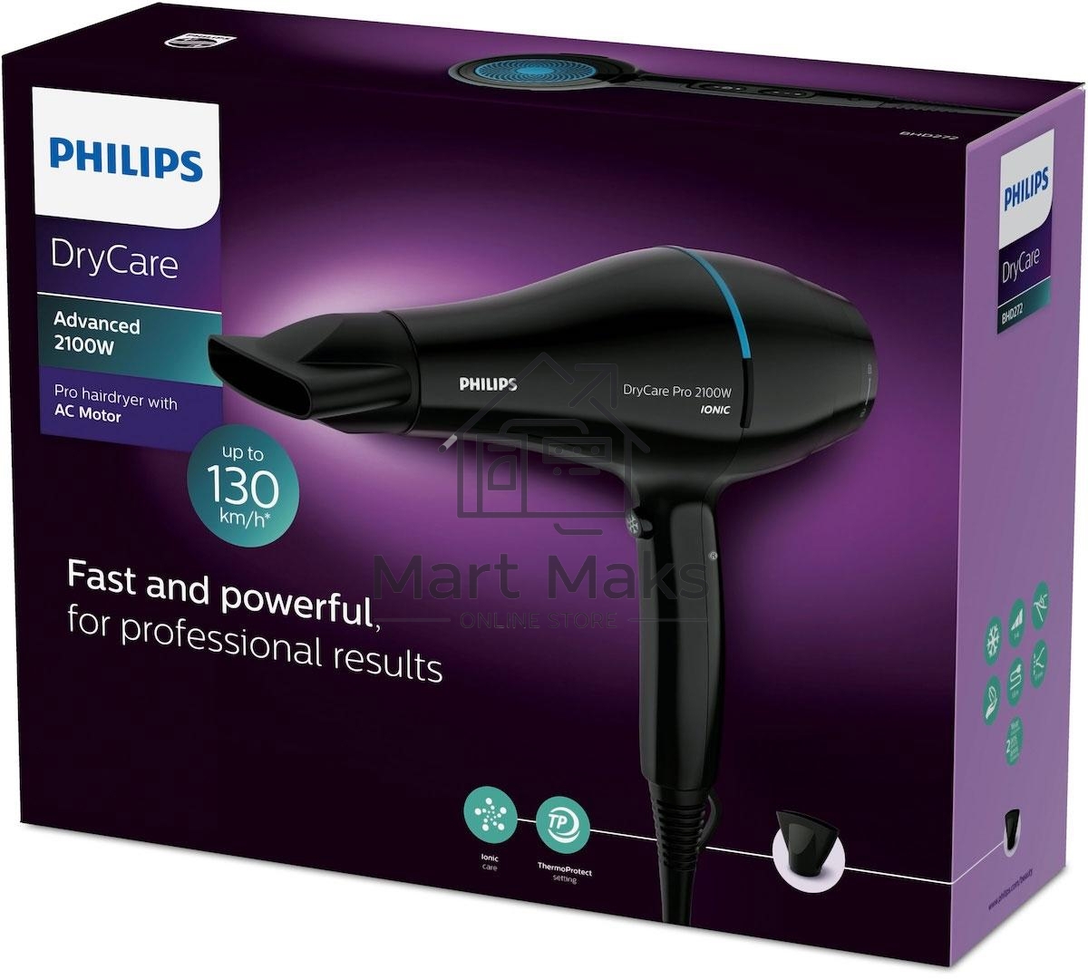 Фен Philips BHD272/00  2100 Вт, ионизация, 6 настроек температуры/скорости воздушного потока, насадка-концентратор 9 мм, холодный обдув, черный
