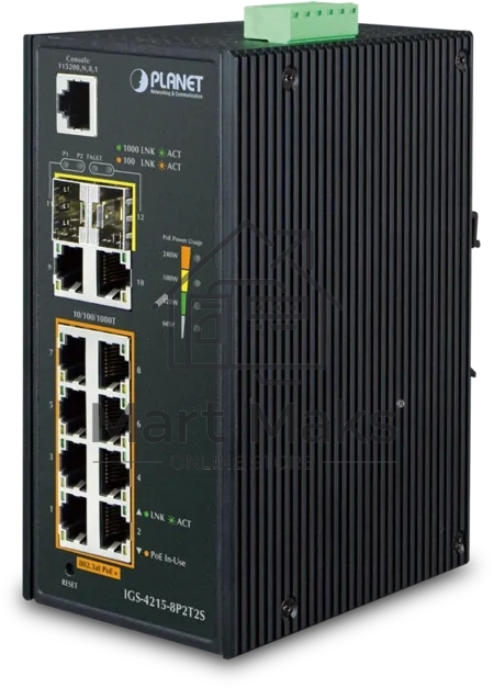 Индустриальный PoE коммутатор IGS-4215-8P2T2S для монтажа в DIN-рейку IP30 Industrial L2/L4 8-Port 10/100/1000T 802.3at PoE + 2-Port 10/100/100T + 2-Port 100/1000X SFP Managed Switch (-40~75 degrees C), dual redundant power input on 48~56VDC terminal bloc
