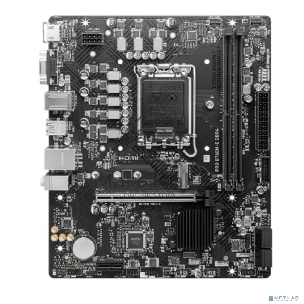 Материнская плата MSI PRO B760M-E DDR4, LGA 1700, Intel B760, 2xDDR4, 4xSATA, 1xM.2, 1xPCIe 4.0 x16, 1xPCIe 4.0 x1, 1xHDMI, 1xVGA, 1x1Gb LAN, 2xUSB-A 3.2 Gen 1, 4xUSB-A 2.0, 3x3.5 мм, 7.1, mATX