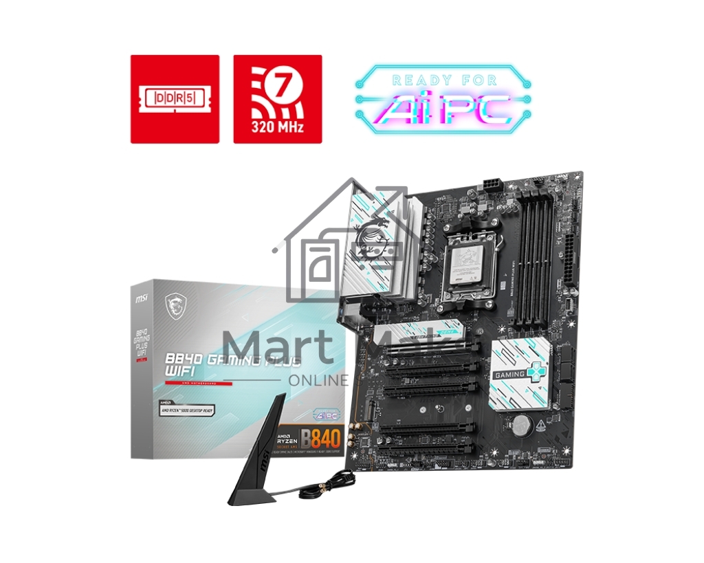 Материнская плата MSI B840 GAMING PLUS, Socket AM5, AMD B840, 4xDDR5, 4xSATA, 2xM.2, 1xPCI-E 4.0 x16, 1xPCI-E 3.0 x4, 3xPCI-E 3.0 x1, 1xHDMI, 1x 2.5Gb LAN, 4xUSB-A 2.0, 2xUSB-A 5Gbps, 1xUSB-C 5Gbps, 1xUSB-A 10Gbps, 1xUSB-C 10Gbps, 3x3.5 мм, 7.1, ATX