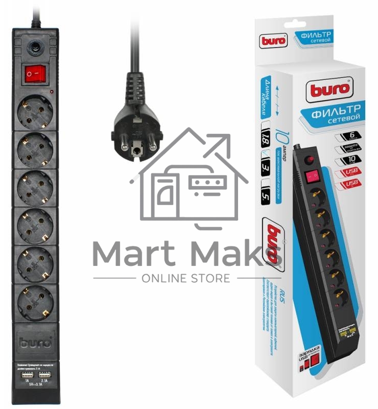 Сетевой фильтр Buro BU-SP3_USB_2A-B 3м (6 розеток) черный (коробка)