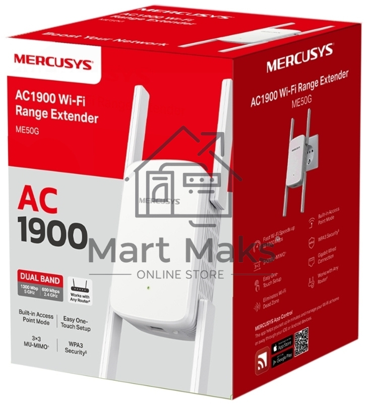 Роутер AC1900 Wi-Fi Range ExtenderSPEED: 600 Mbps at 2.4 GHz + 1300 Mbps at 5 GHz SPEC:4× Fixed External Antennas, 1× Gigabit Port, Wall PluggedFEATURE: MERCUSYS APP, WPS/Reset Button, Signal Indicator, Range Extender/Access Point mode, Adaptive Path