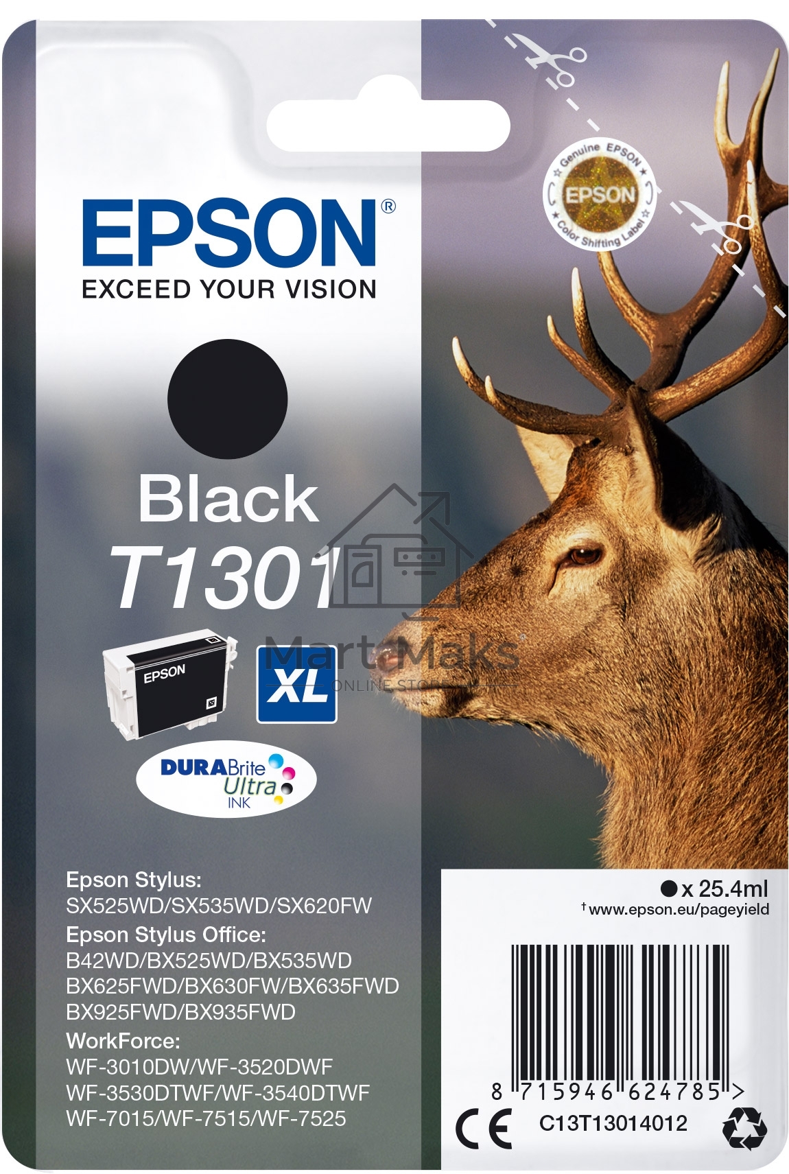 Картридж струйный Epson T1301 (C13T13014012/C13T13014010) черный, 25.4 мл, для SX520WD/SX620FW/BX525WD/BX625FWD