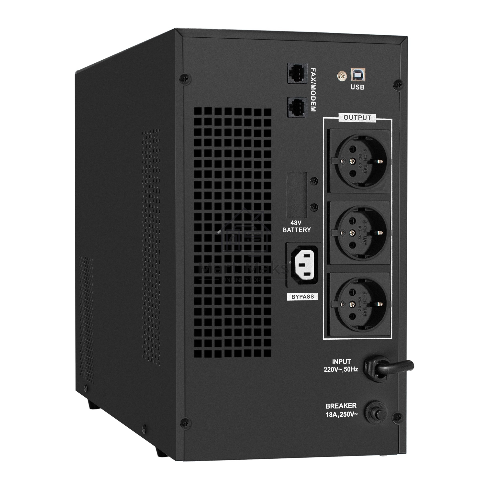Источник бесперебойного питания (инвертор, синус, для котла) ExeGate SineTower SN-3000.LCD.AVR.3SH.1C13.RJ.USB <3000VA/2400W, чистая синусоида, LCD дисплей, AVR, 3*Schuko+1*C13, RJ45/11, USB, линейно-интерактивный, Black>