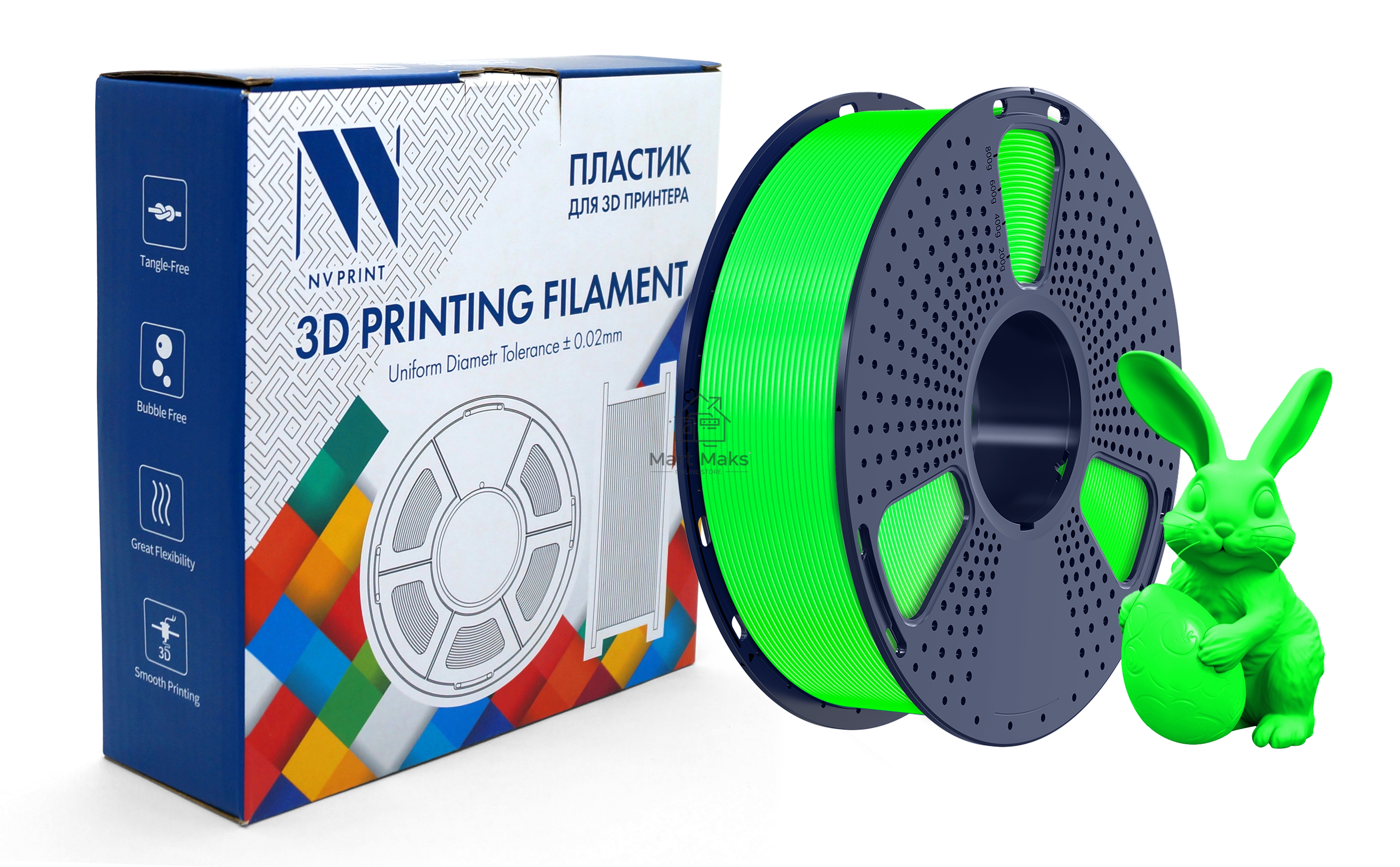 Филамент NVPrint PETG Glow Green для 3D печати диаметр 1.75мм длина 330 метров масса 1 кг