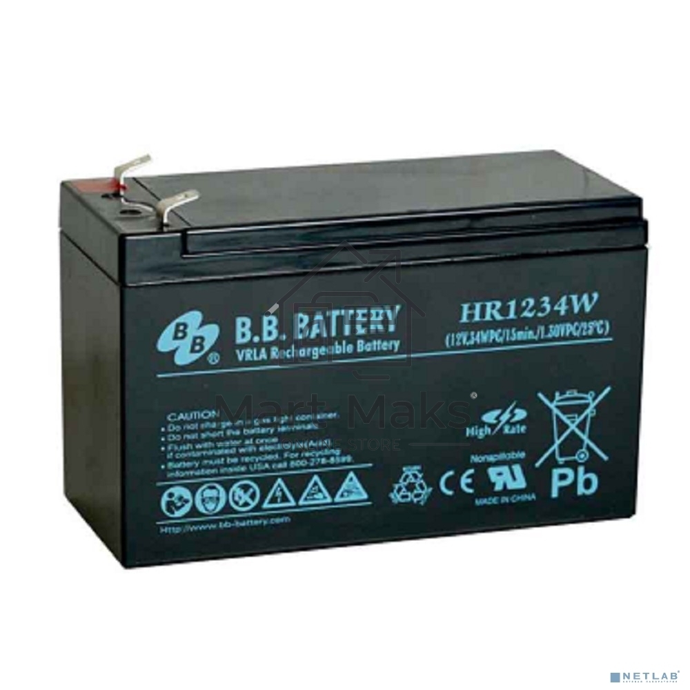 Батарея B.B. Battery серия HR, HR1234W, напряжение 12В, емкость 9Ач (разряд 20 часов), емкость 7Ач (разряд 10 часов), макс. ток разряда (5 сек.) 105А, макс. ток заряда 2.1A, свинцово-кислотная типа AGM, клеммы Т2, ДxШxВ 151x65x100мм., вес 2.5кг., срок слу