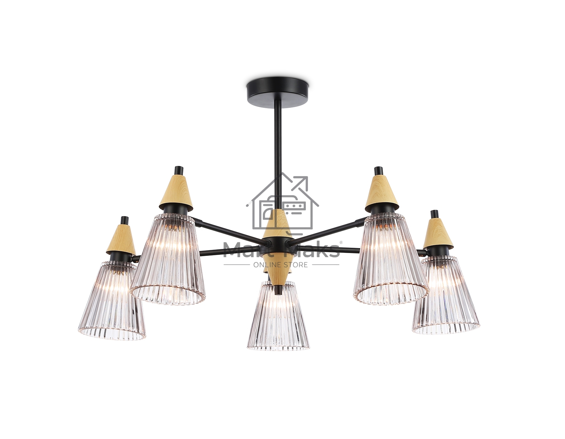 Люстра Ambrella light LH58114/5 BK/LW/SM черный/светлое дерево/дымчатый E14*5 max 40W D660*390