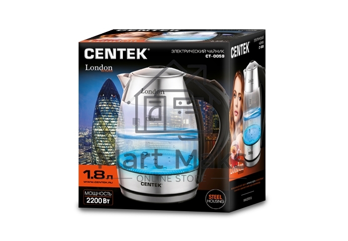 Чайник Centek CT-0059 London, стекло, 1.8л, 2200Вт, LED-подсветка, отделка нерж.