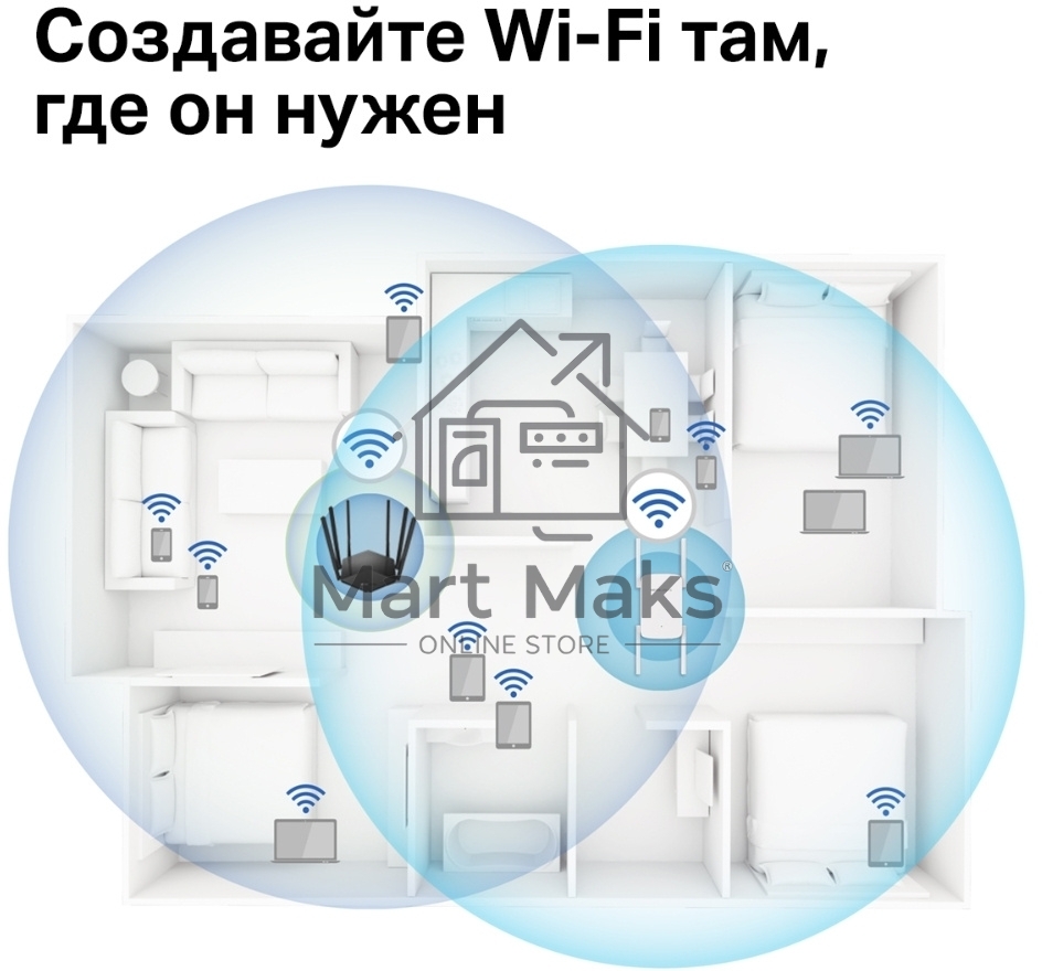 Роутер AC1900 Wi-Fi Range ExtenderSPEED: 600 Mbps at 2.4 GHz + 1300 Mbps at 5 GHz SPEC:4× Fixed External Antennas, 1× Gigabit Port, Wall PluggedFEATURE: MERCUSYS APP, WPS/Reset Button, Signal Indicator, Range Extender/Access Point mode, Adaptive Path