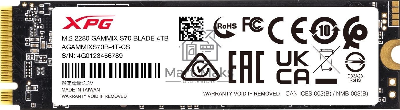 Накопитель SSD ADATA XPG BLADE S70, 4Tb, PCIe 4.0 x4, M.2 2280, NVMe, R/W 7400/6600, с радиатором