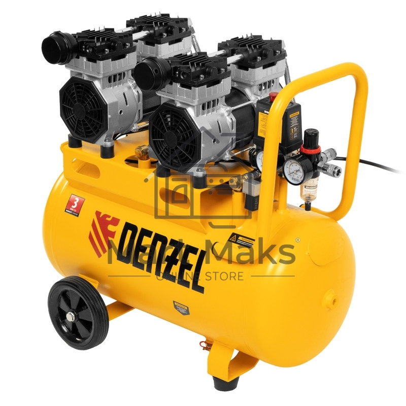 Компрессор безмаслянный малошумный DLS 1500/50, 1500 Вт, 2х750, 50 л, 260 л/мин Denzel