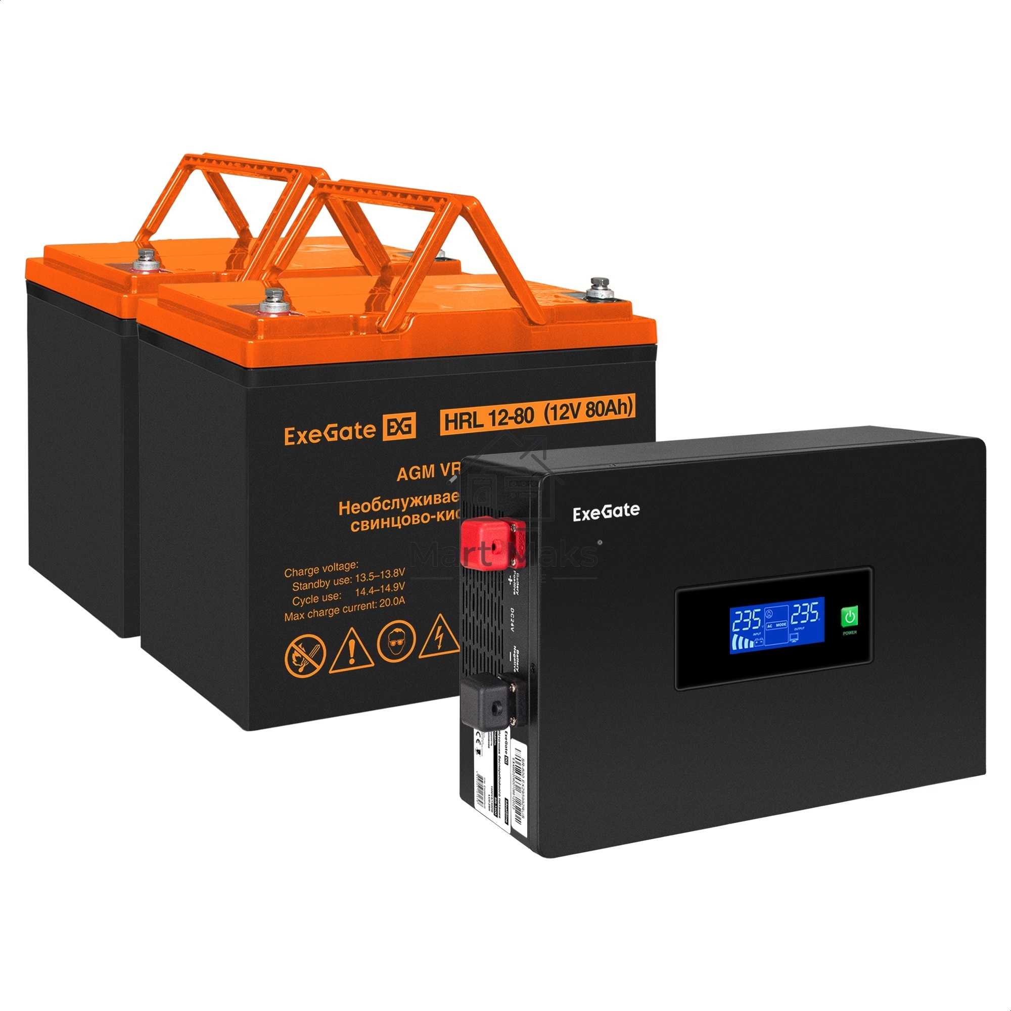 Комплект Источник бесперебойного питания EX295994RUS + батарея 80Aч EX285654RUS 2шт (инвертор, синус, для котла, PF=1, настенный) ExeGate IdealSine SR-1500.LCD.2SH  <1500VA/1500W, чистая синусоида, цветной LCD-дисплей, 2*Schuko, крепление настенное, Black