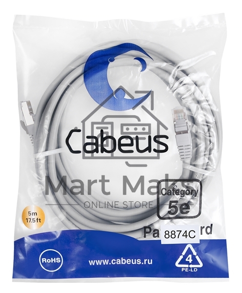 Экранированный патч-корд Cabeus, кат. 5е, экр., F/UTP, RJ45/RJ45, LSZH, AWG24, 5м, серый